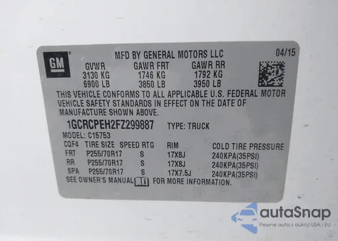 2015 Chevrolet Silverado 1500 Wt из США, поврежденный, VIN 1GCRCPEH2FZ299887